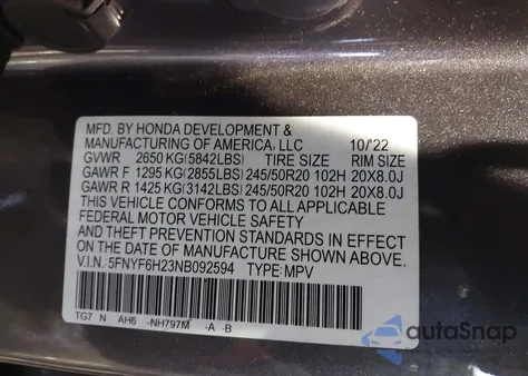 2022 Honda Pilot Awd Special Edition из США, поврежденный, VIN 5FNYF6H23NB092594